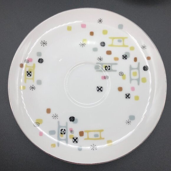 Vintage Tea Cup Saucer Set 50s Frolic pattern Mid Century Atomic Dinnerware - Picture 7 of 10